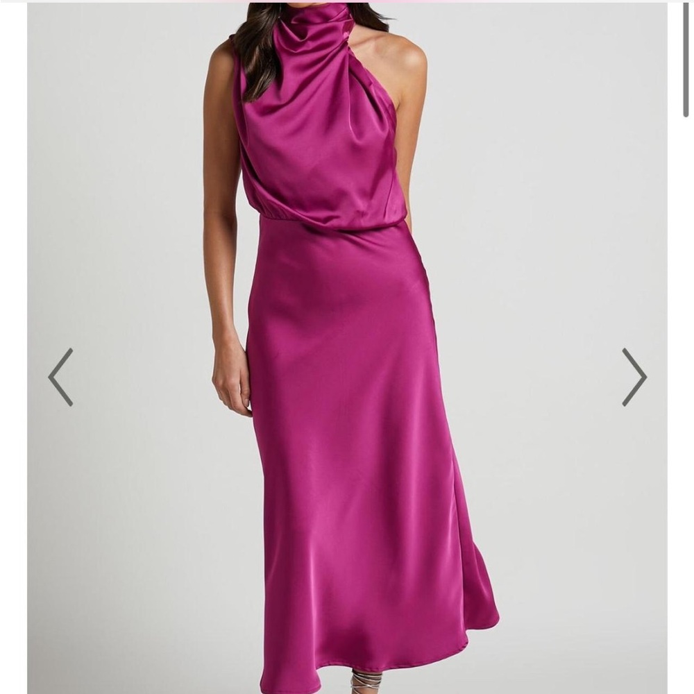 MINNIE MIDI DRESS - DRAPE NECK SATIN SLIP DRESS IN PURPLE